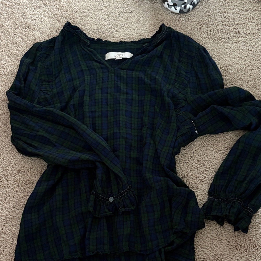 LOFT Navy and Green Plaid Blouse